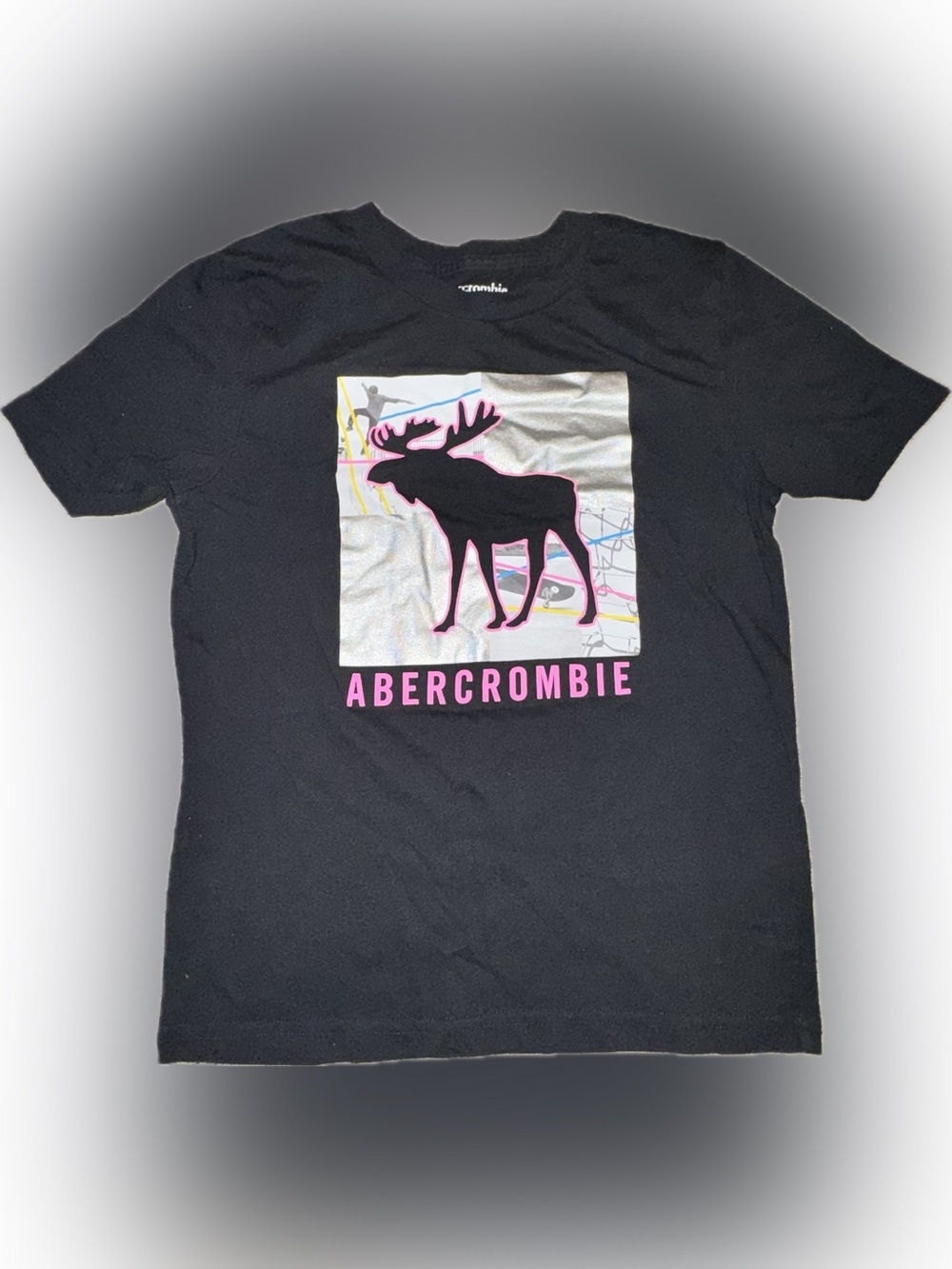 ☀️abercrombie kids Black Tee with Pink Moose Graphic